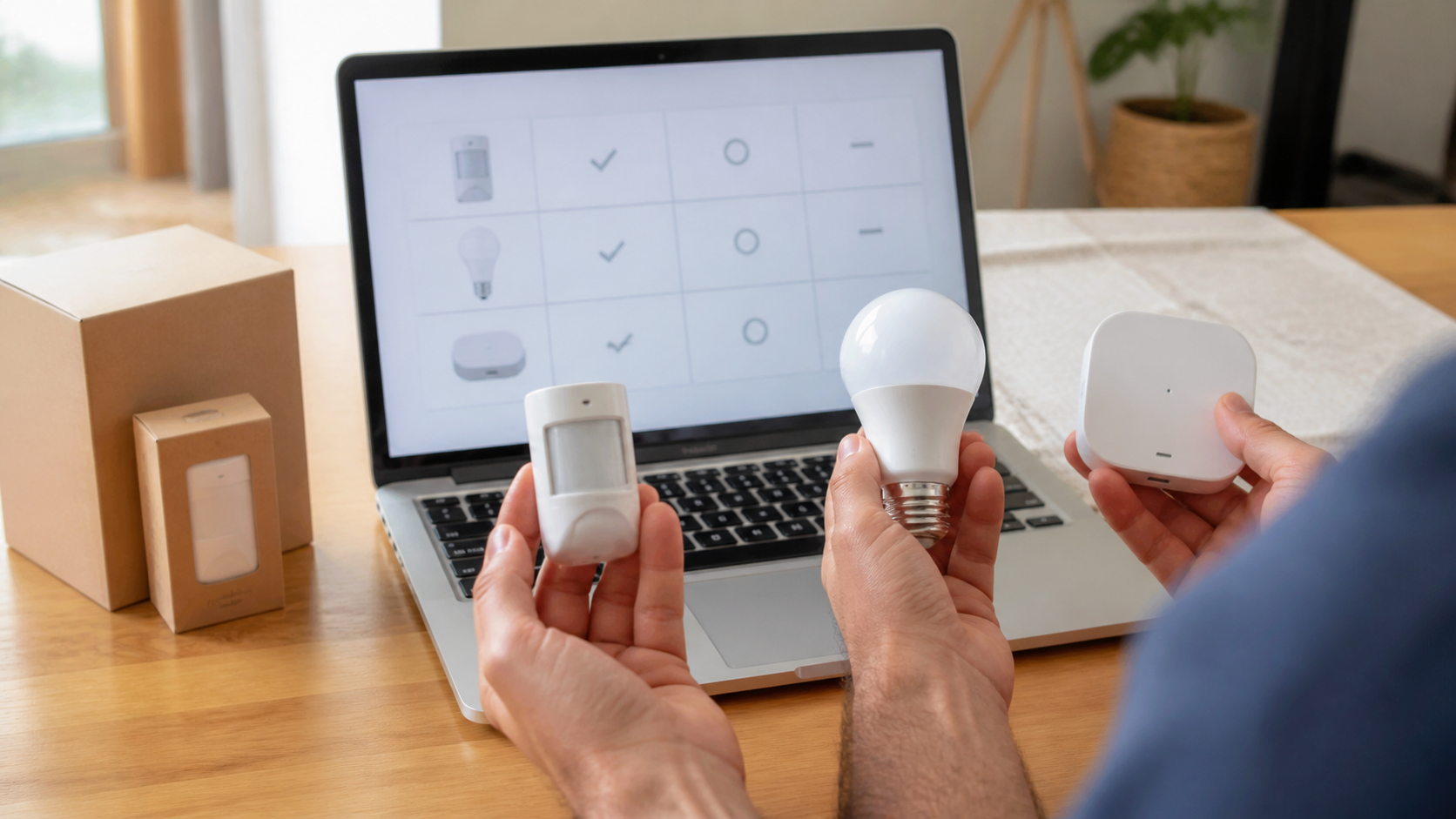 Pessoa compara sensor, lâmpada e hub diante de uma tabela de compatibilidade