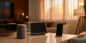 Alto-falante, display e celular representam opções de ecossistema para casa inteligente