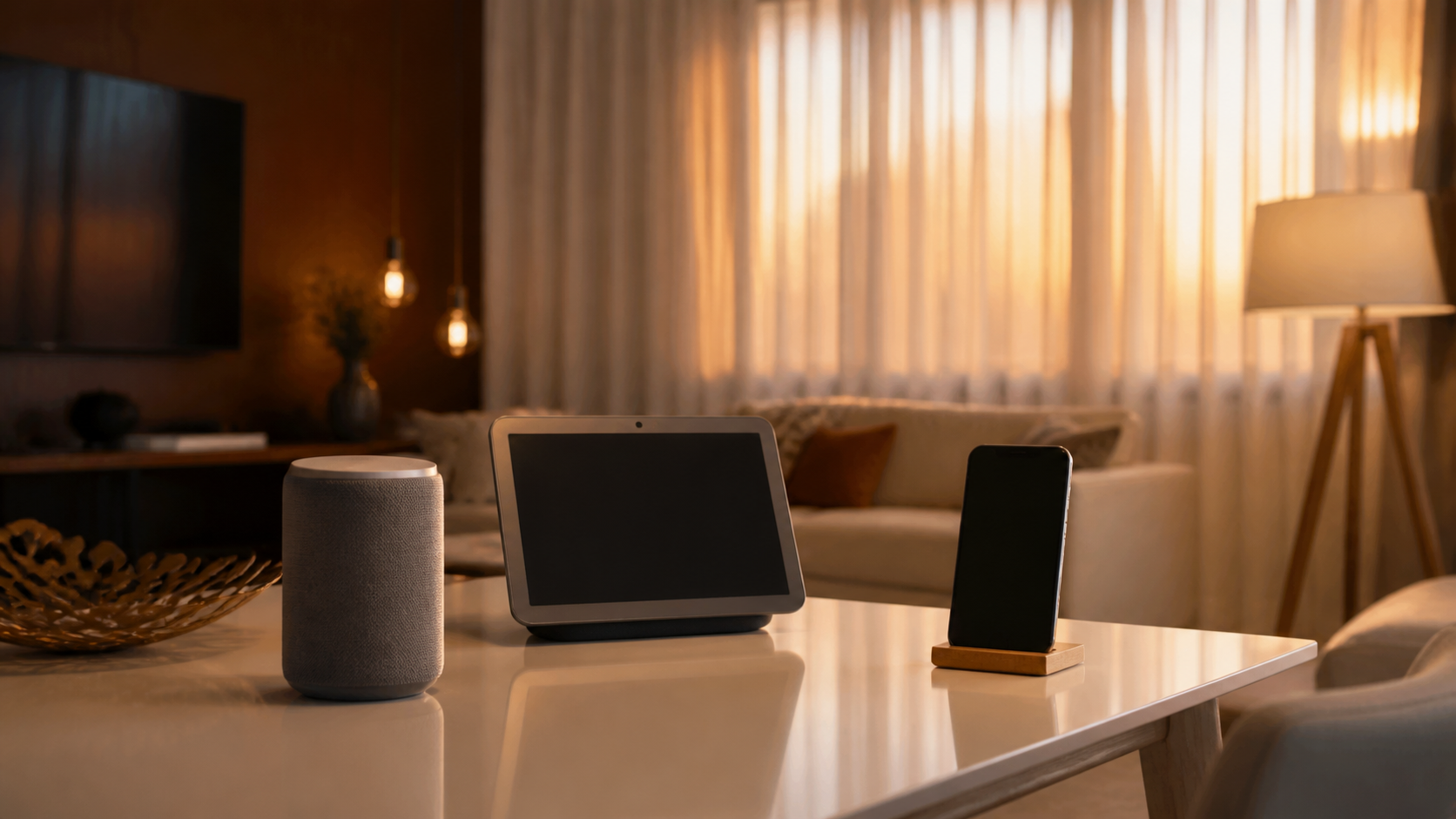 Alto-falante, display e celular representam opções de ecossistema para casa inteligente