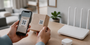 Celular escaneia o código de configuração de um dispositivo conectado próximo a um hub