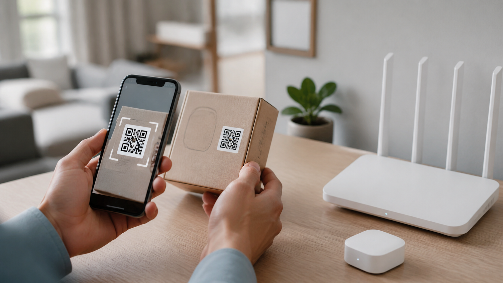 Celular escaneia o código de configuração de um dispositivo conectado próximo a um hub