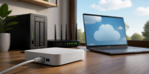 Central local, roteador e notebook com símbolo de nuvem representam dois modelos de automação