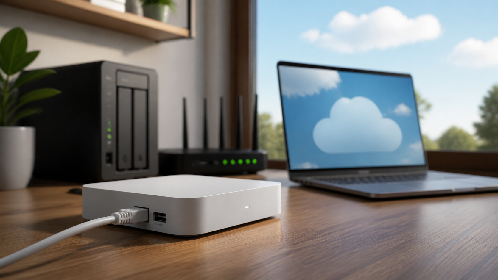 Central local, roteador e notebook com símbolo de nuvem representam dois modelos de automação