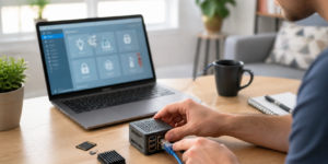Pessoa conecta cabo de rede a um mini computador para iniciar uma central de automação