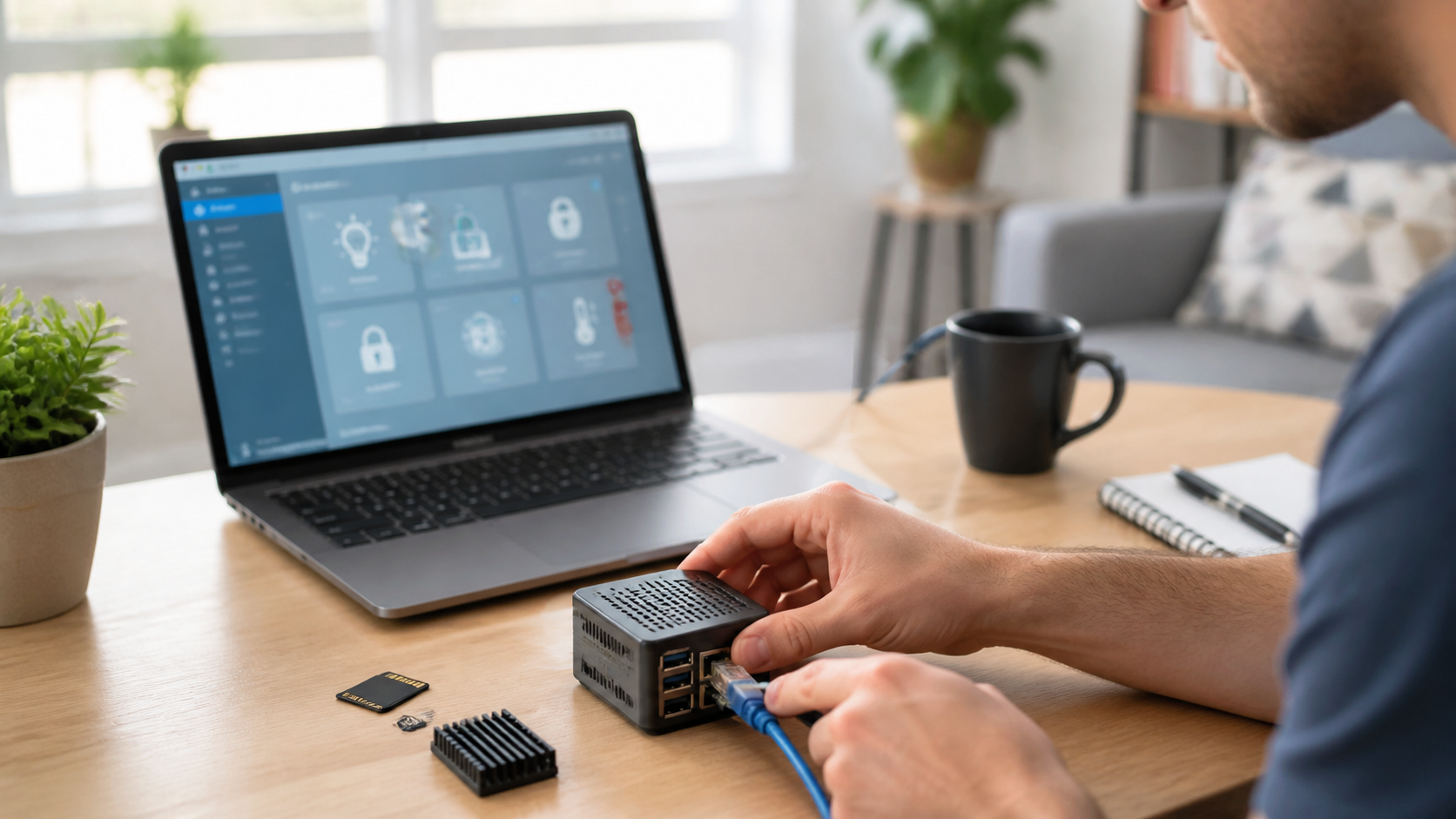 Pessoa conecta cabo de rede a um mini computador para iniciar uma central de automação