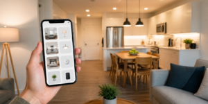 Celular mostra cartões de cômodos e dispositivos diante de uma sala com cozinha integrada