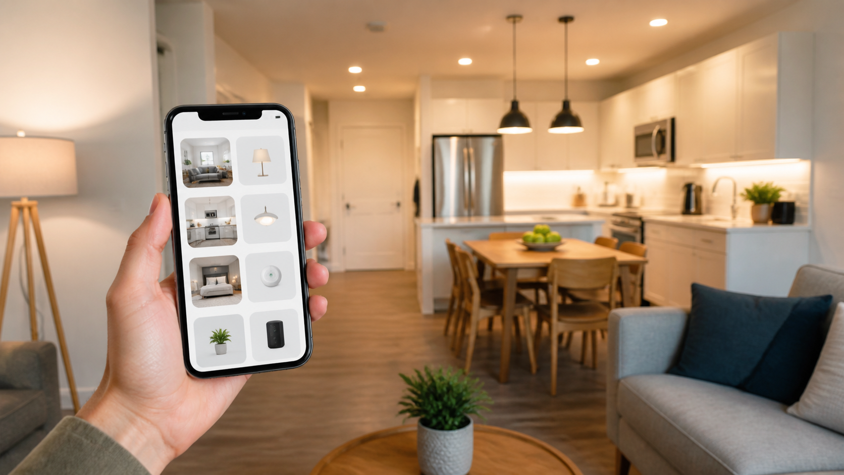Celular mostra cartões de cômodos e dispositivos diante de uma sala com cozinha integrada