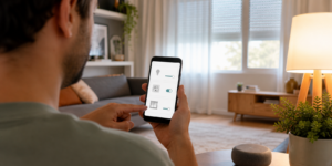 Pessoa controla lâmpada, tomada e persiana por celular e alto-falante inteligente