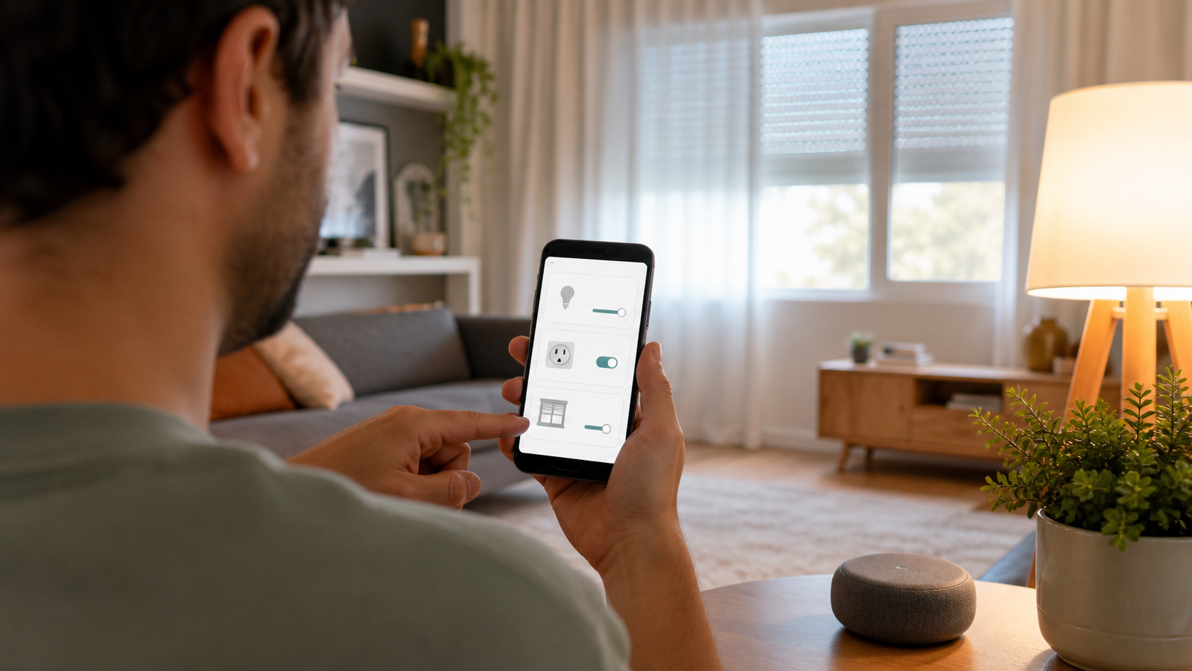 Pessoa controla lâmpada, tomada e persiana por celular e alto-falante inteligente