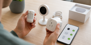 Pessoa inspeciona sensor, tomada e câmera inteligente usados com checklist no celular