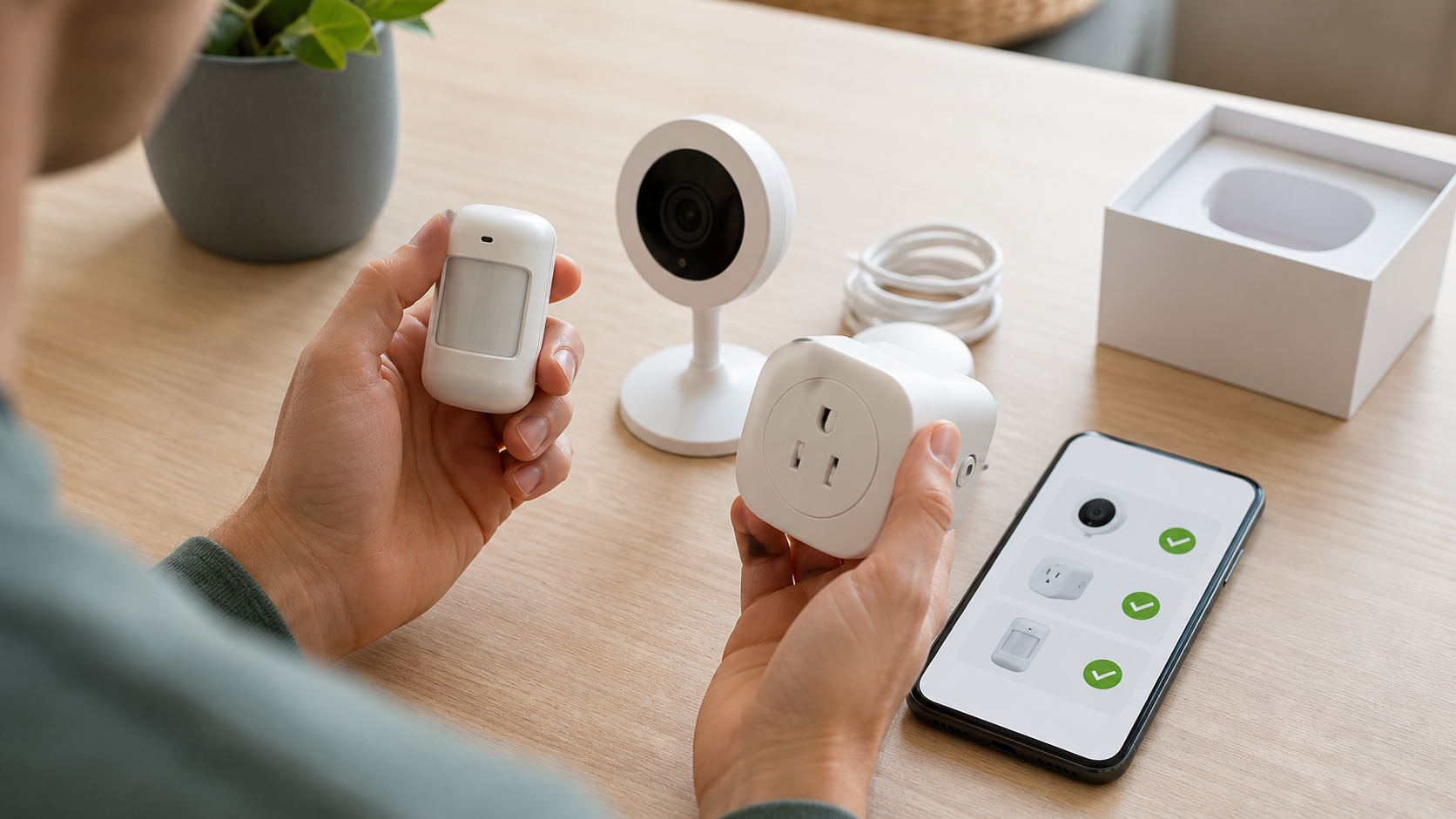 Pessoa inspeciona sensor, tomada e câmera inteligente usados com checklist no celular