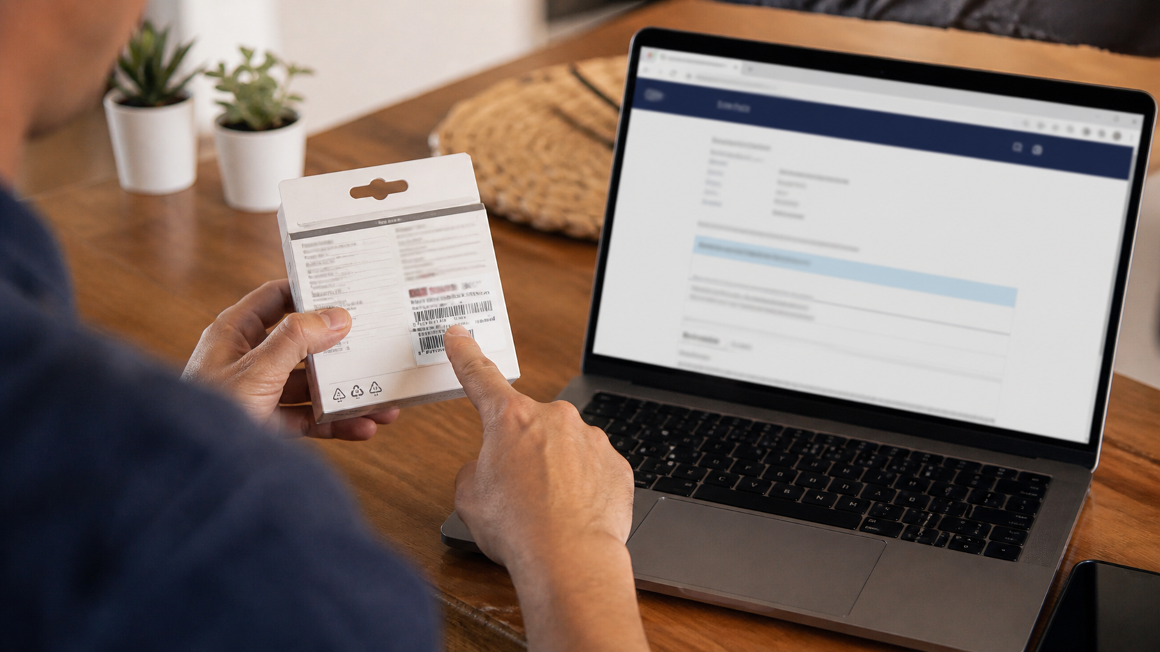 Consumidor compara o rótulo de um dispositivo conectado com uma consulta no notebook
