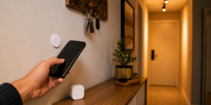 Celular se aproxima de etiqueta NFC ao lado de botão inteligente na entrada de casa