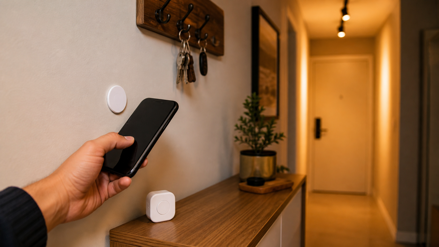 Celular se aproxima de etiqueta NFC ao lado de botão inteligente na entrada de casa