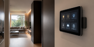 Tablet fixado na parede exibe controles de luz, clima e segurança