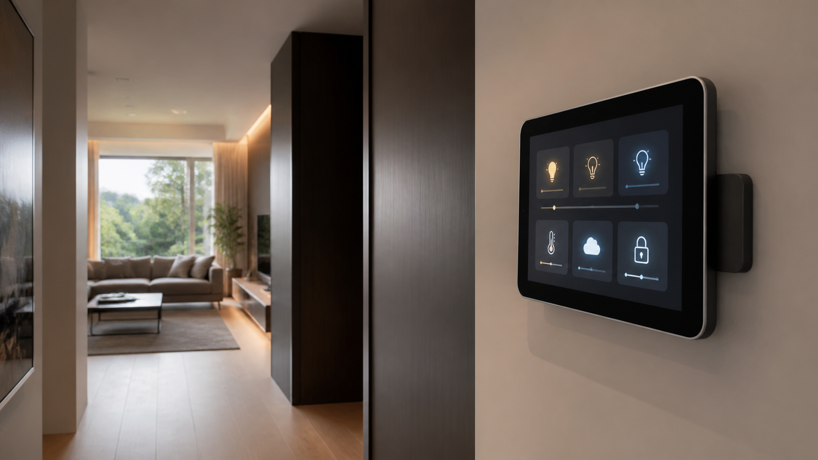 Tablet fixado na parede exibe controles de luz, clima e segurança
